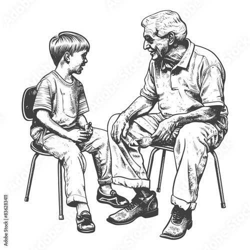 Grandfather and grandson sitting face to face, sharing a moment, sketch illustration.