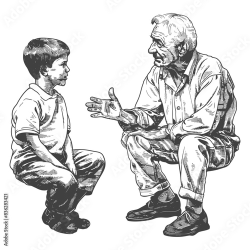 Grandfather Telling Story to Grandson, Hand-Drawn Illustration, Generational Wisdom, Black and White.