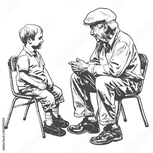Grandfather shares wisdom with grandson, sitting eye-to-eye, sketched in black and white.