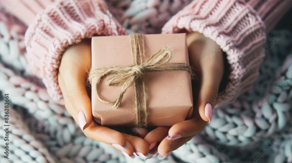 Elegant hands, nails painted a soft pastel, hold a beautifully wrapped gift, ready to be given. Elegant hands, nails painted a soft pastel, hold a beautifully wrapped gift, ready to be given.