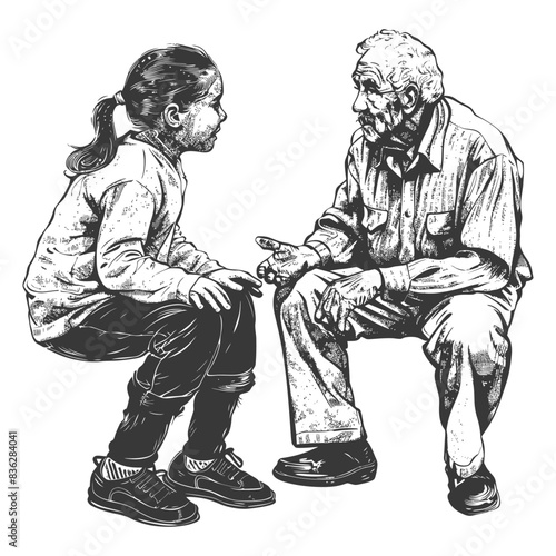 Grandfather and Granddaughter Conversation, Detailed Line Art.