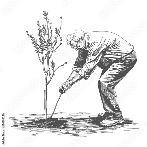 Senior man planting sapling with tool, engraved monochrome illustration of gardening and nature.