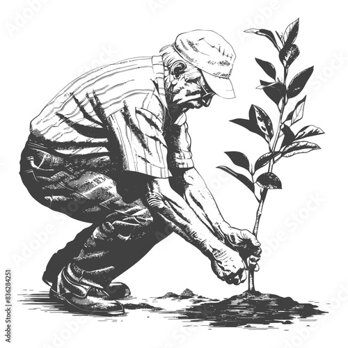 Elderly Farmer Plants Sapling, Engraved Black and White Illustration