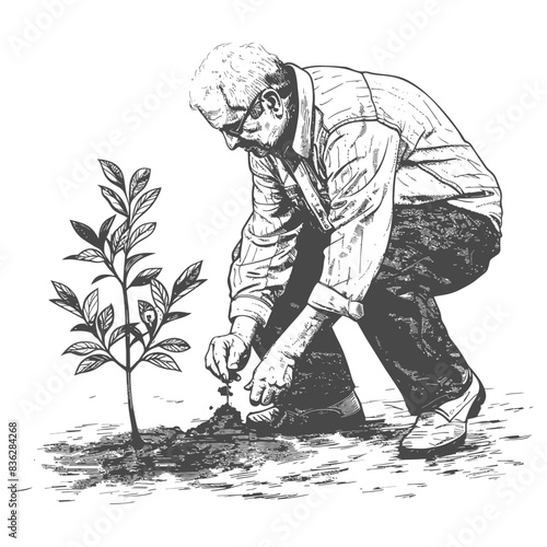 Elderly Gardener Planting Sapling: Hand-Drawn Illustration, Hope, Growth, and Conservation.