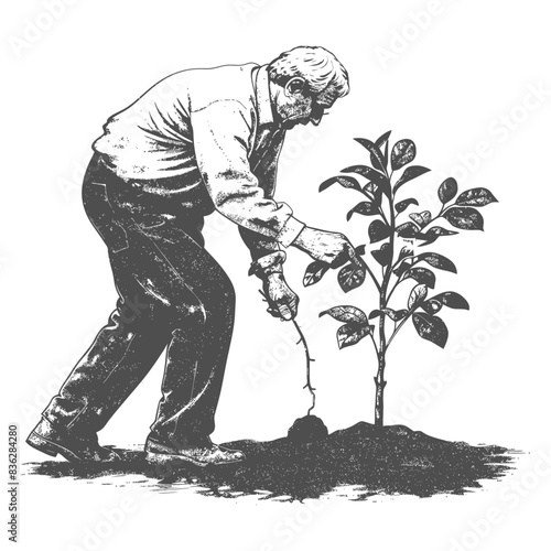 Planting the Future: Engraving of Man Tending Young Tree Sapling