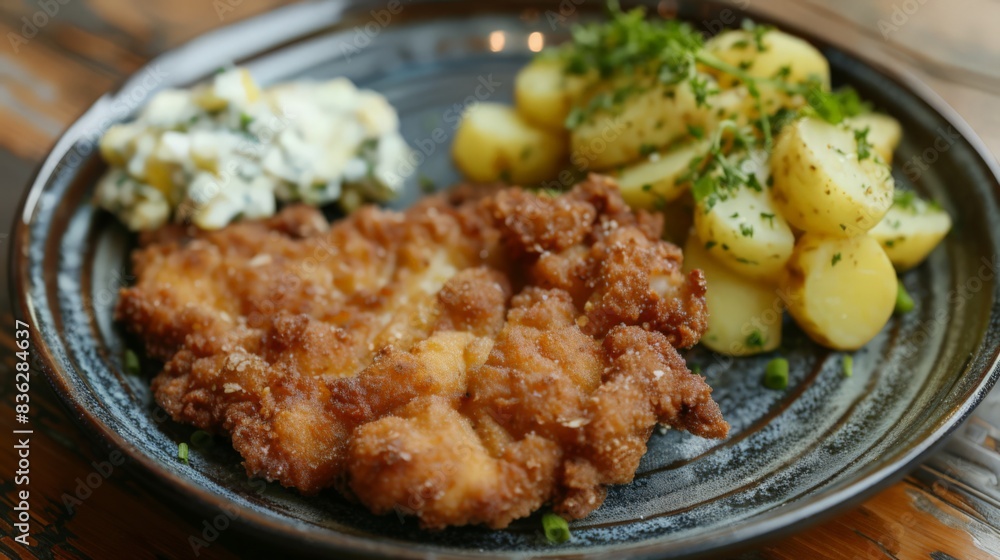 Kurobuta pork schnitzel, breaded and fried to a golden crisp, served with a side of tangy potato salad. Kurobuta pork schnitzel, breaded and fried to a golden crisp, served with a side of tangy potato salad.