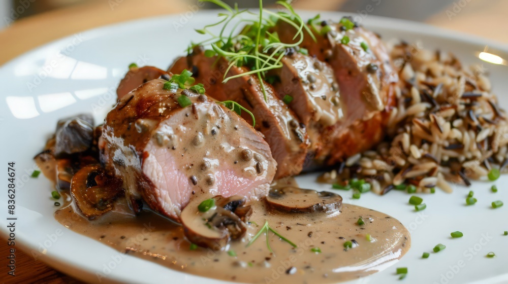 Kurobuta pork tenderloin, roasted and served with a creamy mushroom sauce and a side of wild rice Kurobuta pork tenderloin, roasted and served with a creamy mushroom sauce and a side of wild rice