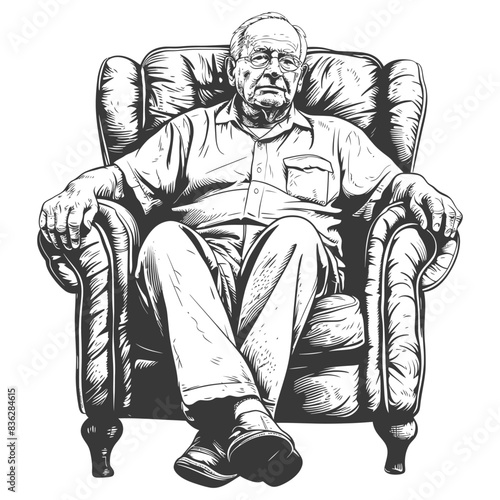 elderly man sitting in the chair full body with engraving style black color only