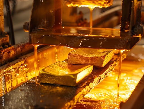 Pouring pure gold into bar mold, unblemished scene, front view, symbolizing pure creation, technology tone, Analogous Color Scheme photo