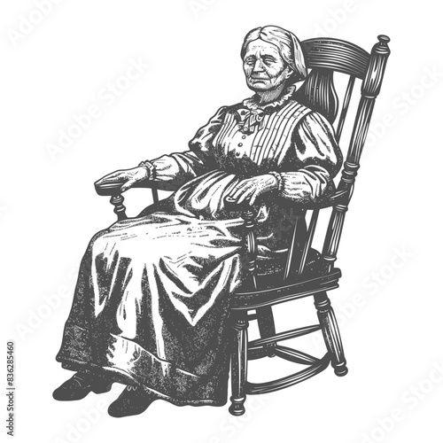 Etched Elderly Woman: Rocking Chair Portrait in Antique Style