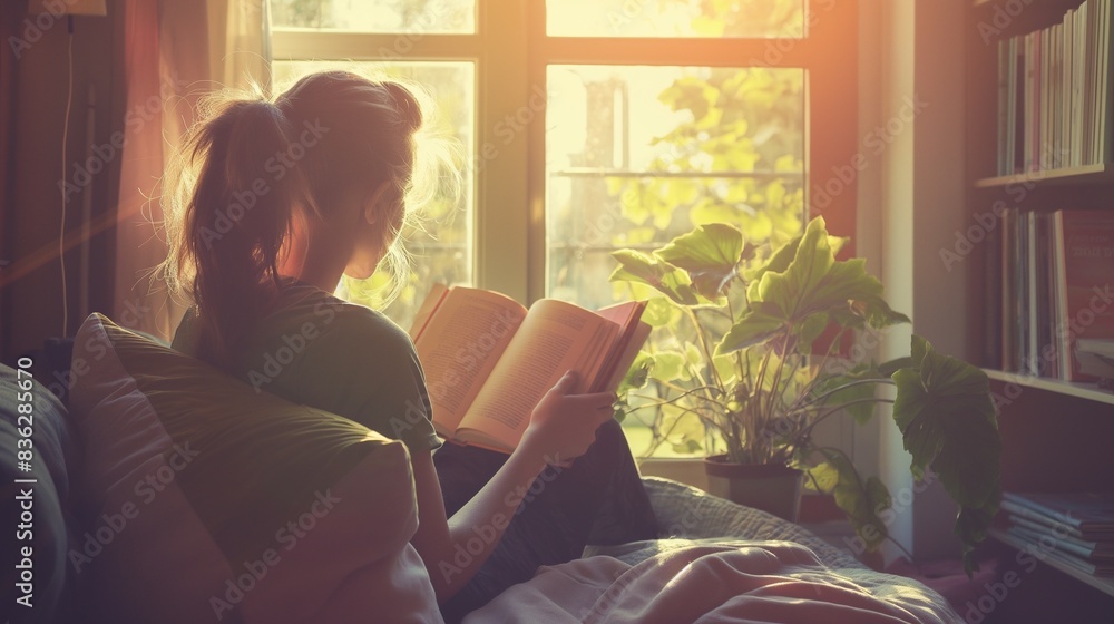 Portrait of young woman reading a book by the window at home, natural light illuminating her face Portrait of young woman reading a book by the window at home, natural light illuminating her face
