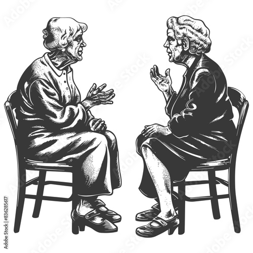 Ink Drawing: Two Elderly Women Gossiping, Sitting Face to Face.