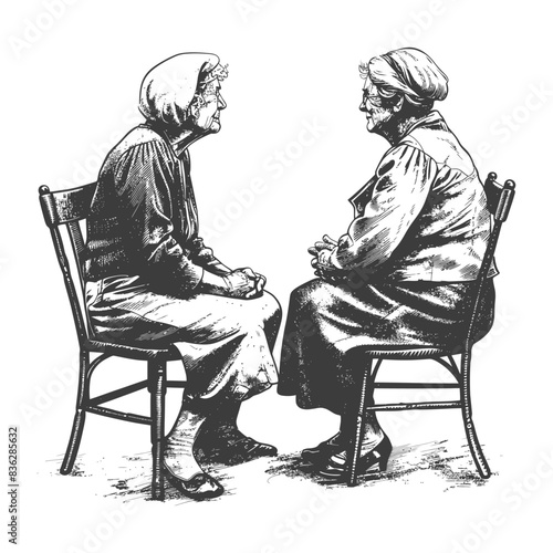 Vintage Conversation: Two Seated Elderly Women in Headscarves, Crosshatch Illustration.