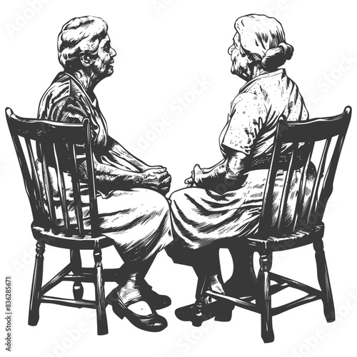 Ink Sketch: Two Elderly Women Chatting Face-to-Face in Wooden Chairs, Isolated Illustration.