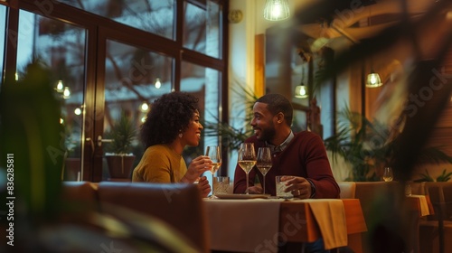 Happy couple in love drinking wine having romantic dinner date  evening anniversary