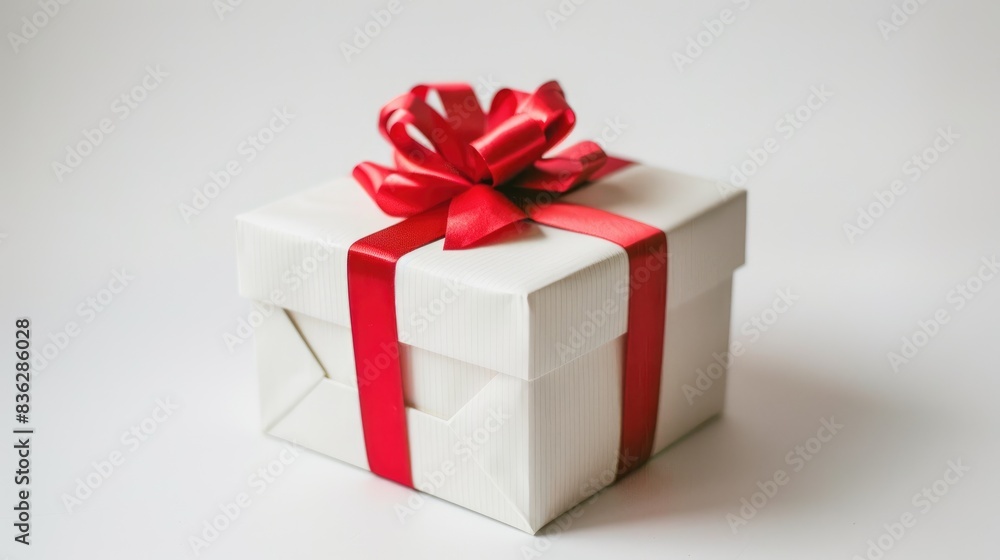 A single paper gift box close up set against a white backdrop A single paper gift box close up set against a white backdrop