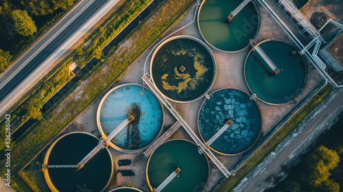 Aerial view of wastewater treatment plant, effluent and wastewater filtration. Industrial solutions for wastewater treatment and recycling