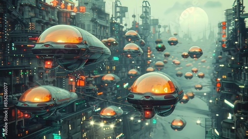 A futuristic city with flying cars photo