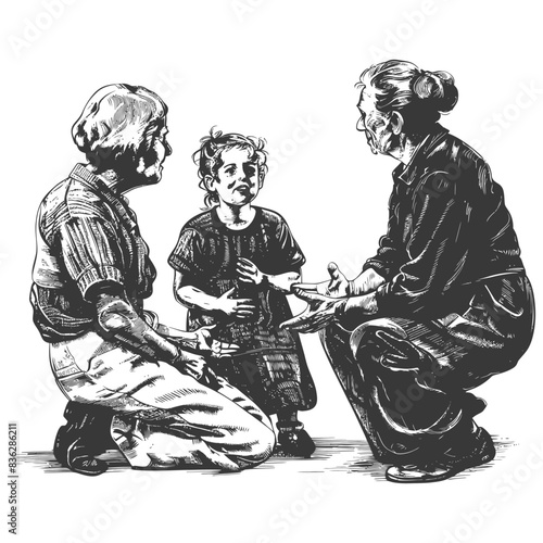 Grandmothers & Grandchild Conversation, Expressive Sketch, Black and White.