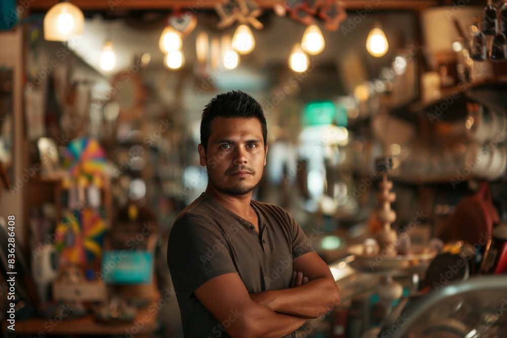 Confident small business owner with arms crossed standing in his shop Confident small business owner with arms crossed standing in his shop