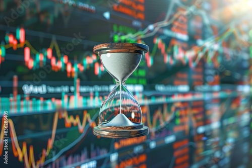 An hourglass timer on the background of a stock market chart.