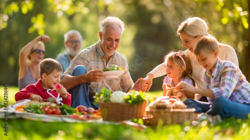 family is enjoying a picnic in a picturesque park  sharing laughter and bonding over a delicious meal