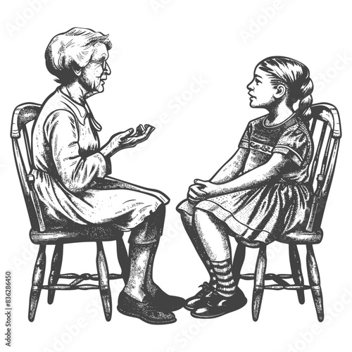 Grandmother's Wisdom: Ink Sketch of Generational Conversation, Seated Facing Each Other.