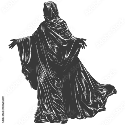 Hooded Figure in Shadow: Engraved Illustration of a Mysterious, Spreading Cloak.