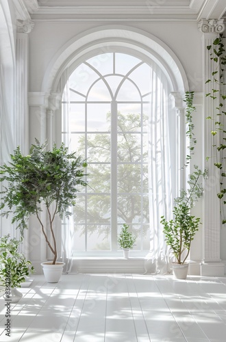 a room with white walls and a large window with trees
