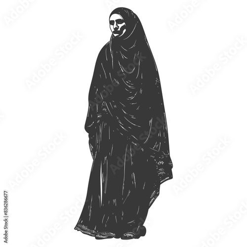 Monochrome Silhouette: Muslim Woman in Traditional Burqa, Abstract Graphic.