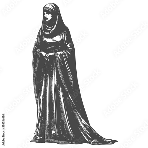 Engraved Lady: Full-Length Portrait in Medieval Dress & Headscarf.