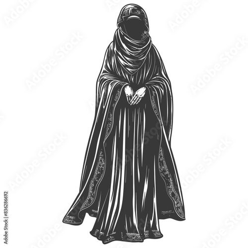 Cloaked Figure, Engraved Style, Anonymous, Robe Detail, Mysterious, Monochromatic Art.
