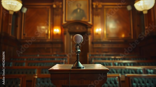 Traditional wooden podium with a vintage microphone, in a grand hall with historic decor, perfect for formal speeches and lectures
