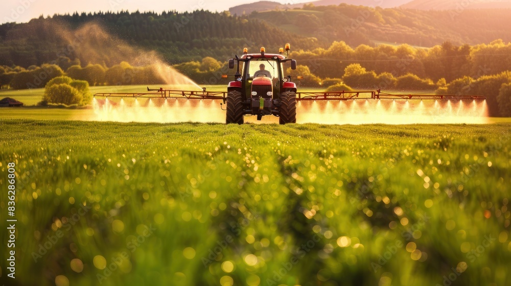 Fototapeta premium Tractor spraying water or pesticides on a green field farm