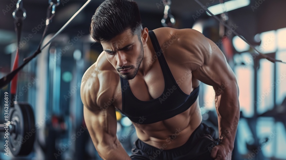 Fitness enthusiast working out, muscular man is performing a workout routine in a gym Fitness enthusiast working out, muscular man is performing a workout routine in a gym