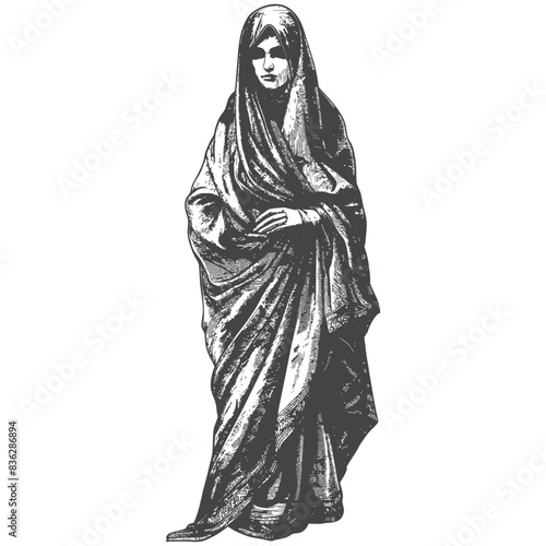 Engraved woman draped in flowing fabric, serene gaze, religious figure, black and white vintage illustration.