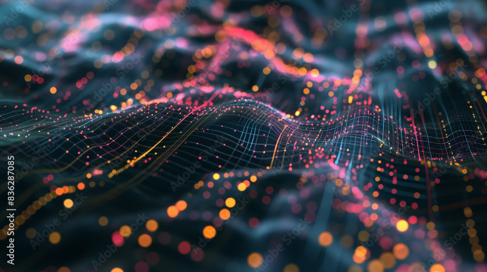 Abstract golden digital particle waves and dynamic light background with many glowing points and lines. Big data. Network of particles connected by lines, 3D rendering. Abstract golden digital particle waves and dynamic light background with many glowing points and lines. Big data. Network of particles connected by lines, 3D rendering.