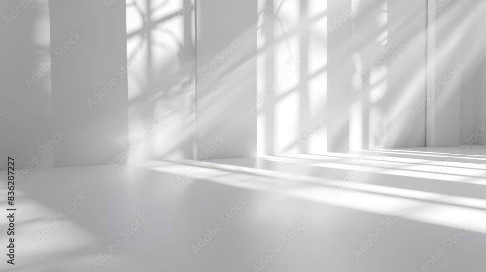 Obraz premium Abstract White Studio Background for Product Presentation with Window Shadows and Sunlight Blurred Backdrop and Empty Room for Copy Space