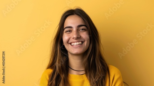 Young Uruguayan woman happy and smiling isolated  photo