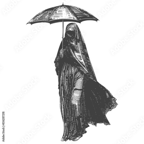 Veiled Figure Under Umbrella, Vintage Etching Style, Solitude.