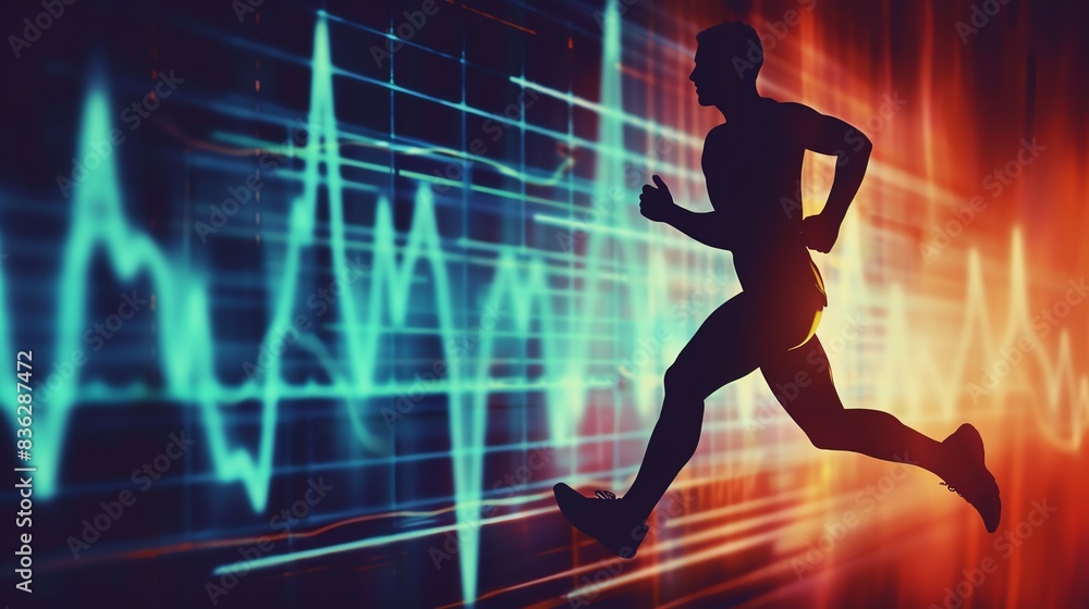 man running with an sign of heart pulse, ECG signal in background. man running with an sign of heart pulse, ECG signal in background.