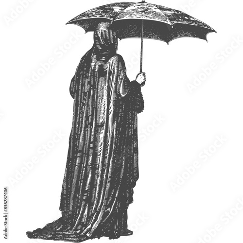 emirates women wearing abaya with umbrella full body with engraving style black color only