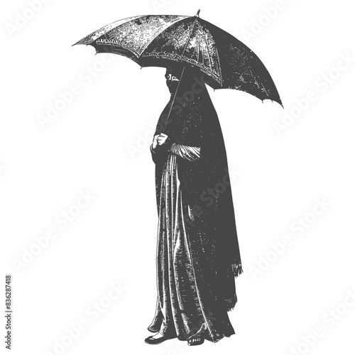 emirates women wearing abaya with umbrella full body with engraving style black color only