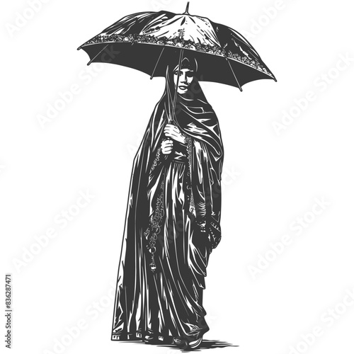 emirates women wearing abaya with umbrella full body with engraving style black color only