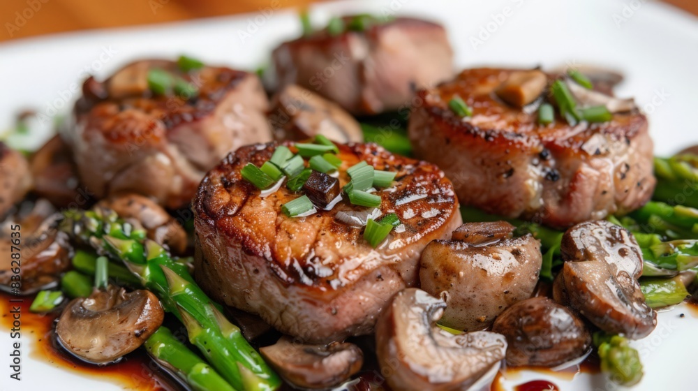 Tender Kurobuta pork medallions, pan-fried and served with a side of mushrooms and asparagus. Tender Kurobuta pork medallions, pan-fried and served with a side of mushrooms and asparagus.