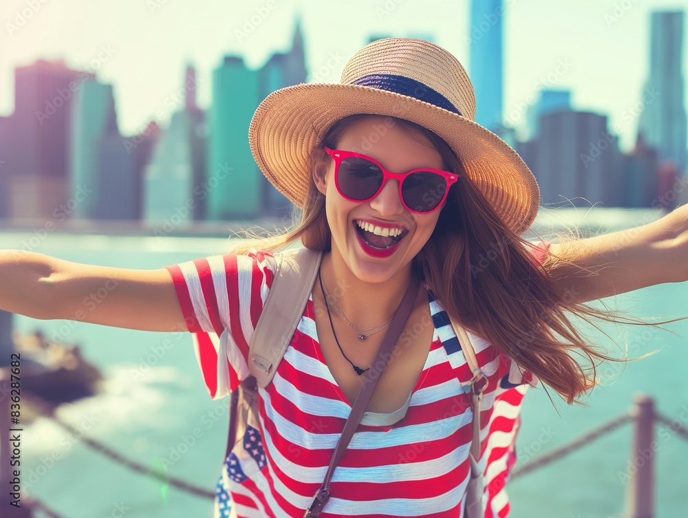 Cheerful girl from USA with american flag colors, city background Cheerful girl from USA with american flag colors, city background