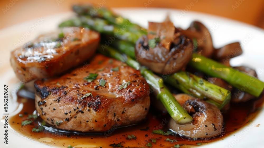 Tender Kurobuta pork medallions, pan-fried and served with a side of mushrooms and asparagus. Tender Kurobuta pork medallions, pan-fried and served with a side of mushrooms and asparagus.