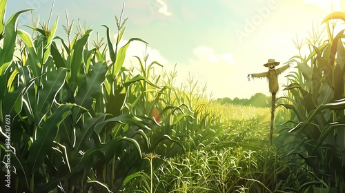 A sunlit cornfield with towering green stalks rustles in a breeze. A scarecrow stands guard over the field.
