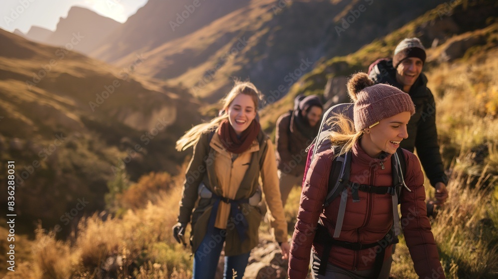 Group of friends hiking in the mountains, enjoying a challenging hike in the mountains Group of friends hiking in the mountains, enjoying a challenging hike in the mountains