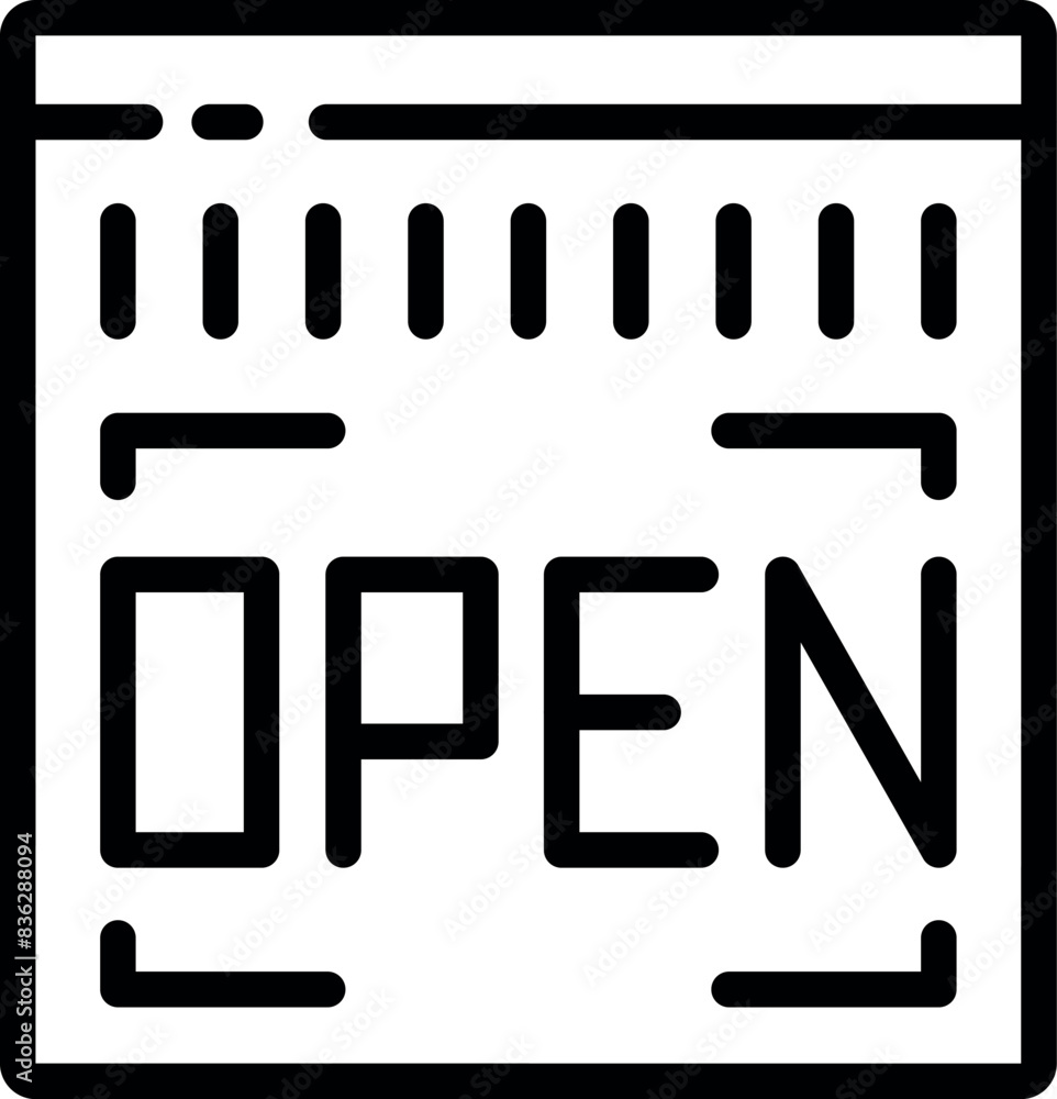 Minimalist black and white line icon of an 'open' sign suitable for various designs Minimalist black and white line icon of an 'open' sign suitable for various designs